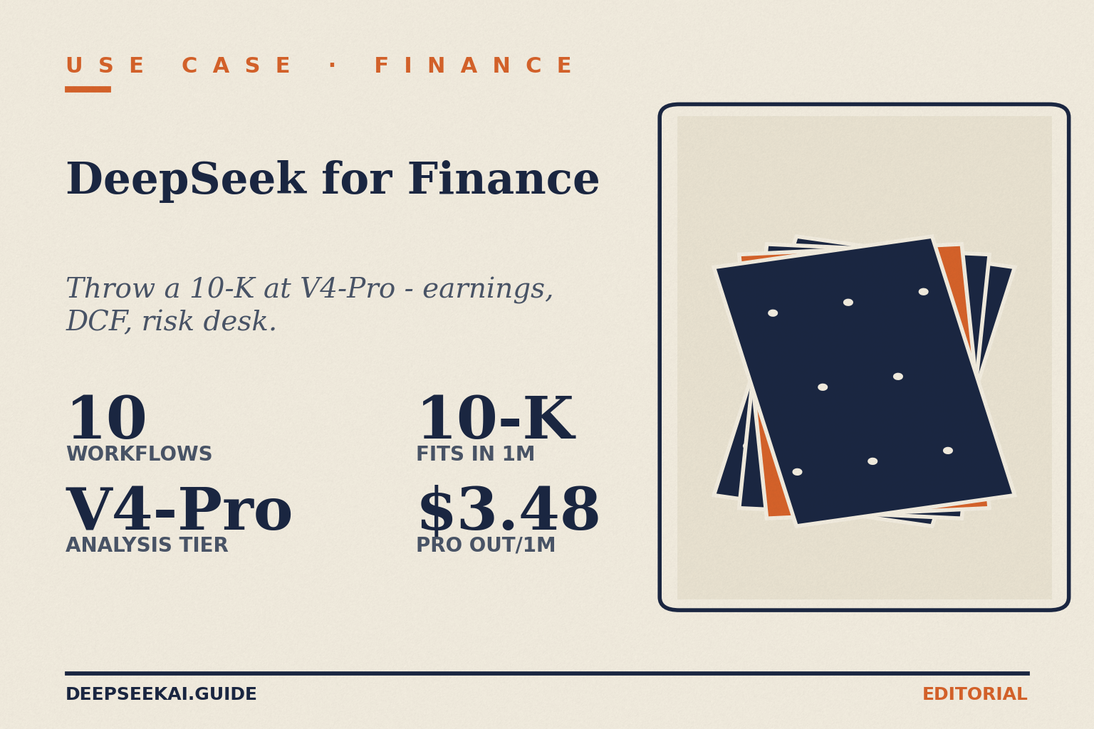 DeepSeek for finance — V4-Pro 10-K workflow card DeepSeek for finance card showing the four facts that drive the analyst's verdict in April 2026: ten concrete finance workflows covered (earnings notes, DCF support, risk desk, filings analysis, etc.), V4-Pro at 1.6 trillion parameters as the analysis tier, the 1-million-token context fitting an entire 10-K filing, and $3.48 output per million tokens making heavy use sustainable (during the 75% promo through 2026-05-31, output is $0.87/M; list $3.48/M).
