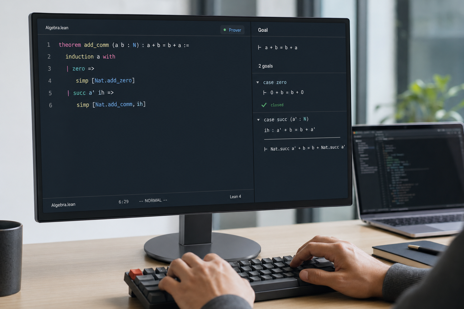 DeepSeek Prover — Lean 4 proof in progress Developer using DeepSeek Prover to close a Lean 4 theorem-proving goal in a modern code editor