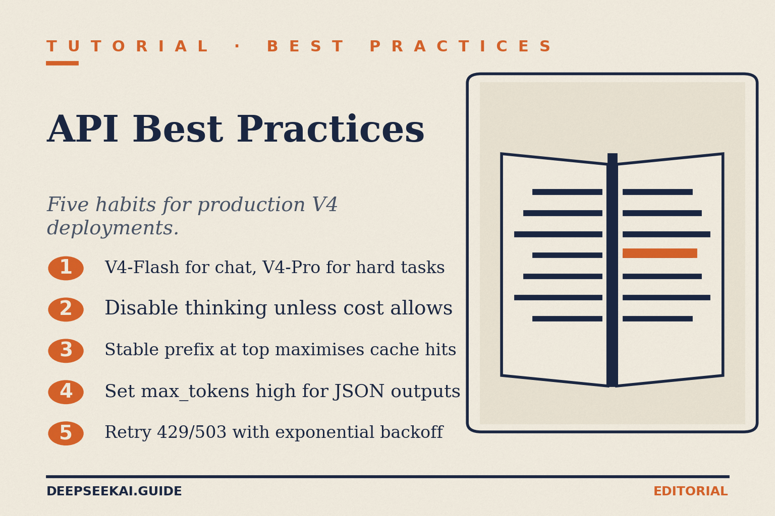 DeepSeek API best practices — production-deployment card DeepSeek API best-practices tutorial card showing five production habits for V4: pick V4-Flash for chat-tier work and V4-Pro for hard tasks, disable thinking mode unless the cost is justified, place a stable prefix at the top of every request to maximise cache hits, set max_tokens high enough for JSON outputs, and retry 429 throttle and 503 service errors with exponential backoff.