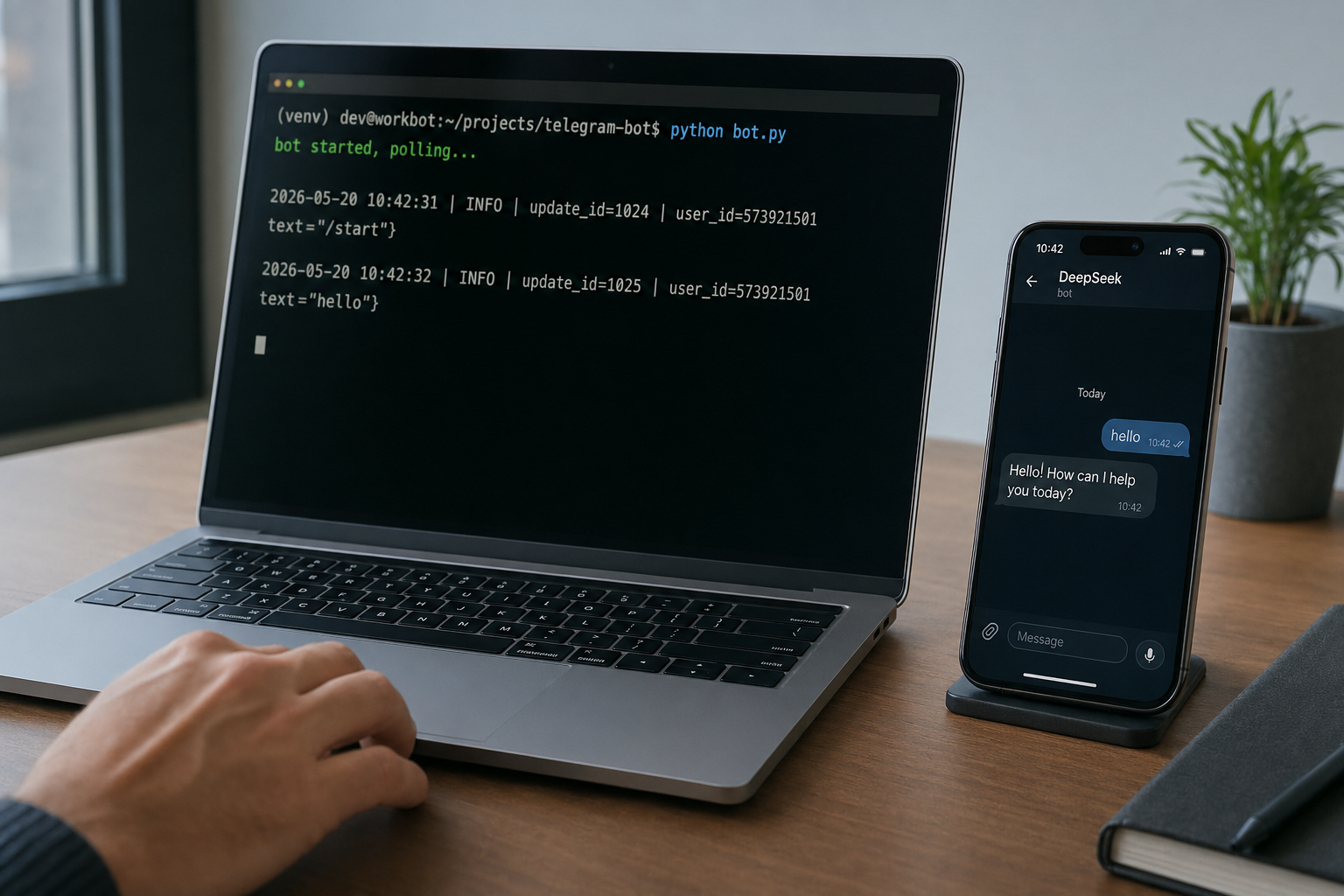 Laptop terminal running a Python 电报 bot beside a phone showing the DeepSeek V4 reply in the chat.