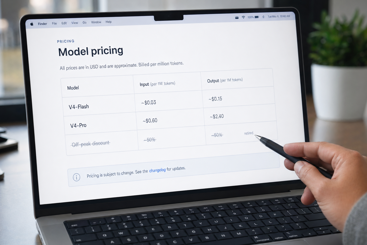 Laptop showing DeepSeek pricing with the retired off-peak discount struck through as a real 2026 limitation