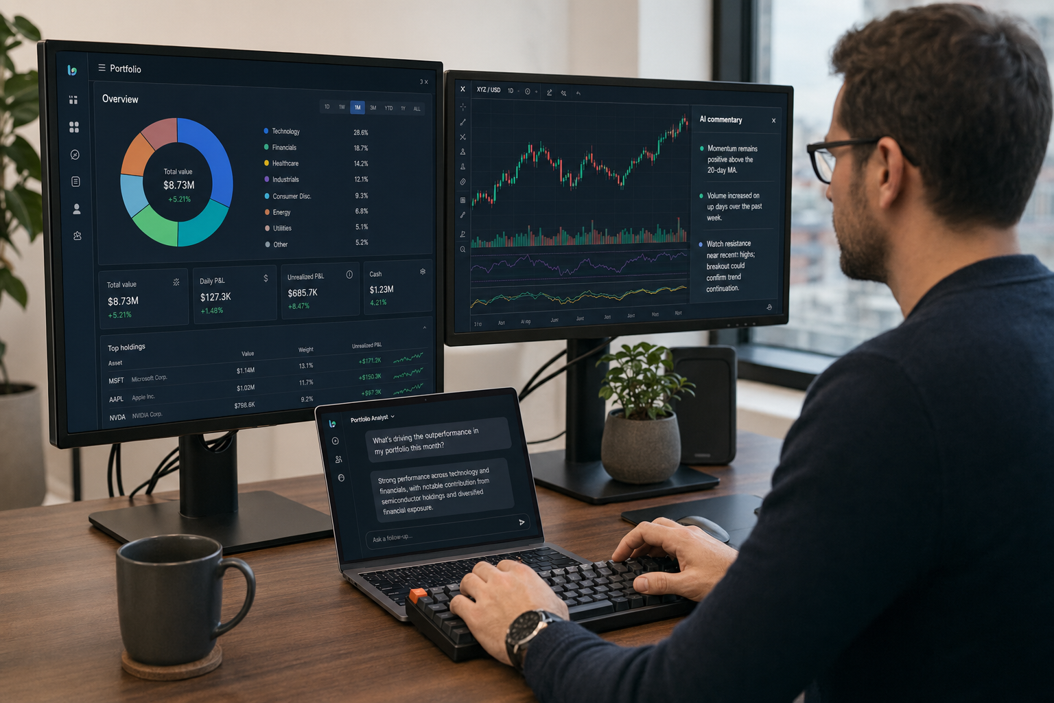 DeepSeek for finance — analyst at dual monitors Financial analyst using DeepSeek for finance with portfolio dashboard and AI commentary on screen
