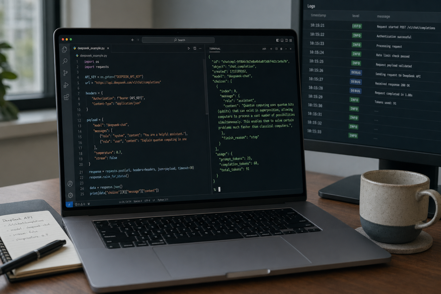 DeepSeek API examples — code and response Code editor and terminal showing a DeepSeek API example request with a JSON response containing choices