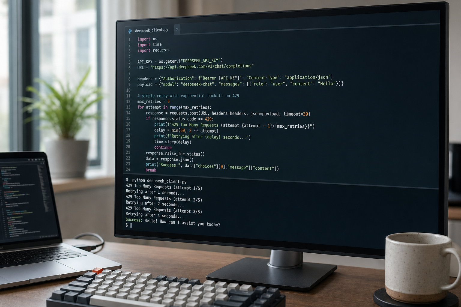 Terminal showing a DeepSeek API 429 rate-limit response and an exponential-backoff retry being handled