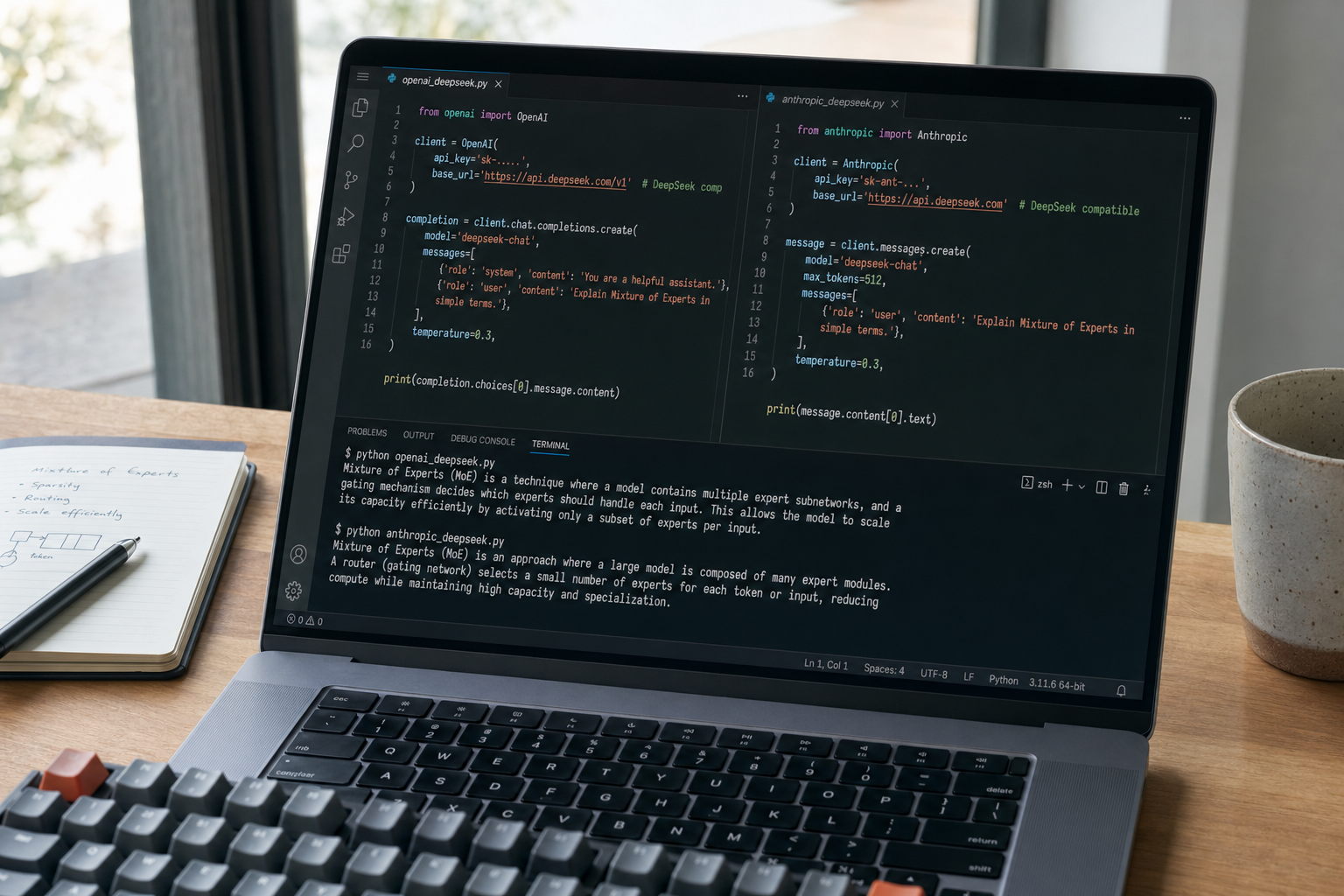 DeepSeek API SDK — split-screen IDE comparison Split-screen IDE showing OpenAI and Anthropic SDK clients both calling the DeepSeek API in Python