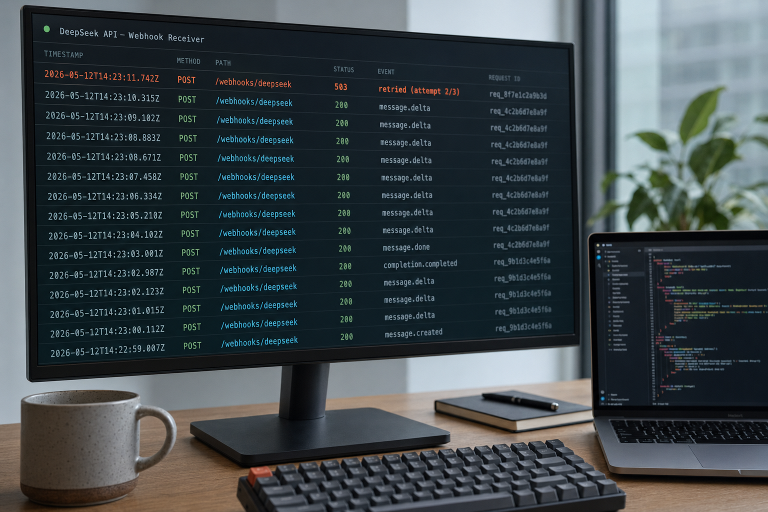 DeepSeek API webhooks — server log delivery Server log stream on a monitor showing DeepSeek API webhook POST requests with statuses and event types