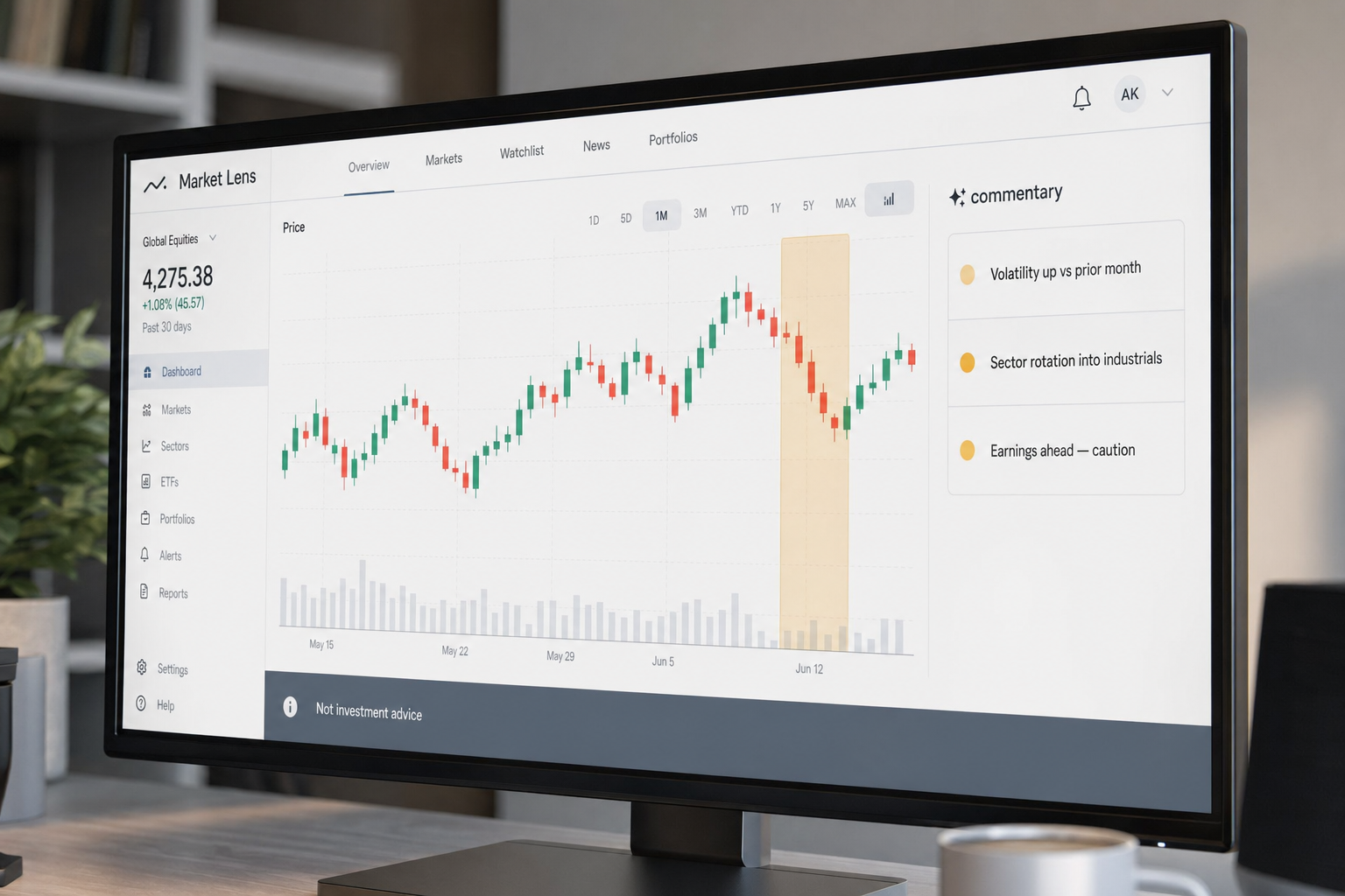 DeepSeek for finance — commentary close-up Close-up of a finance dashboard with AI commentary bullets and a not-investment-advice banner