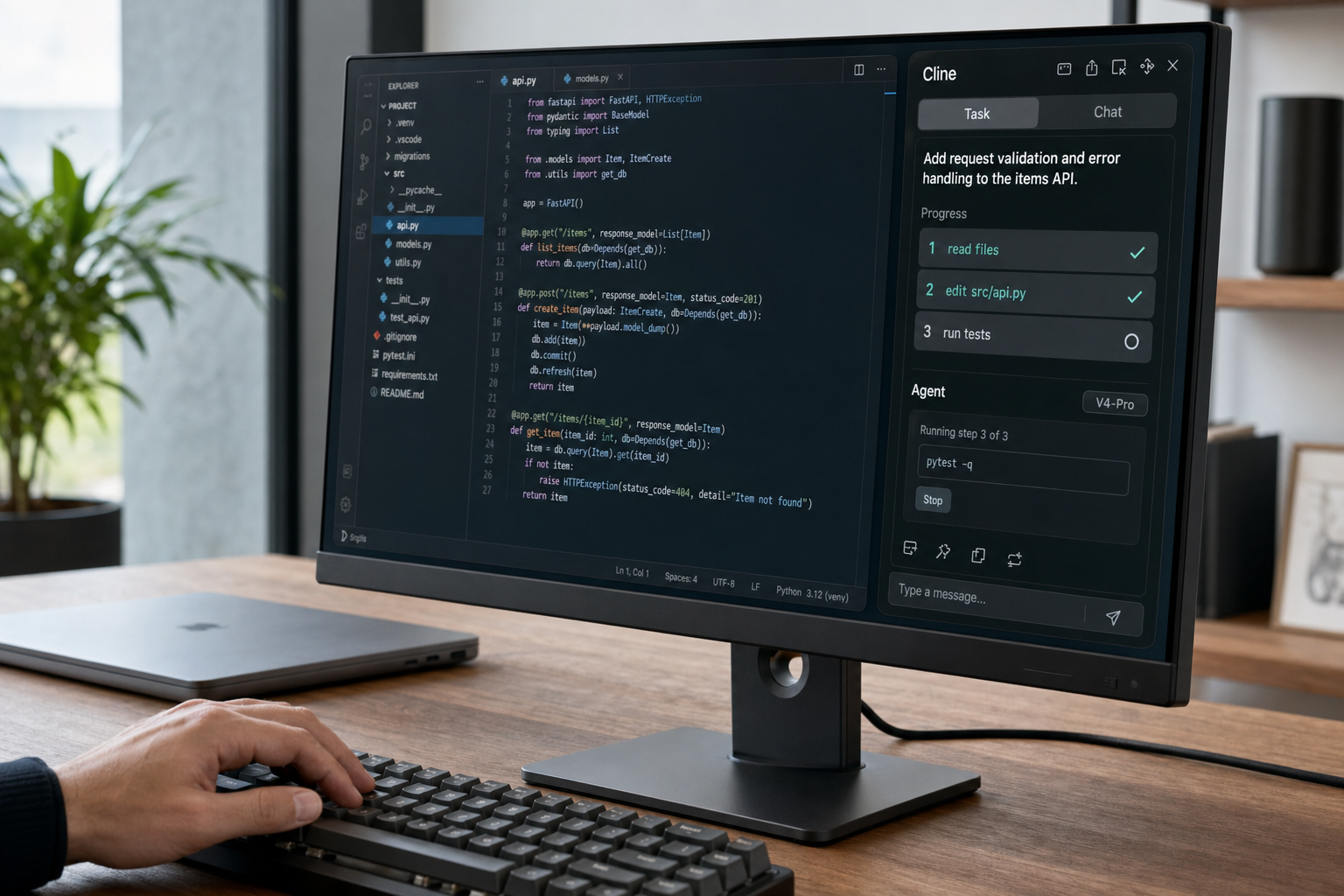 VS Code - Cline agentic task with V4-Pro Modern monitor showing Cline agent in a code editor running an agentic task with DeepSeek V4-Pro step by step.