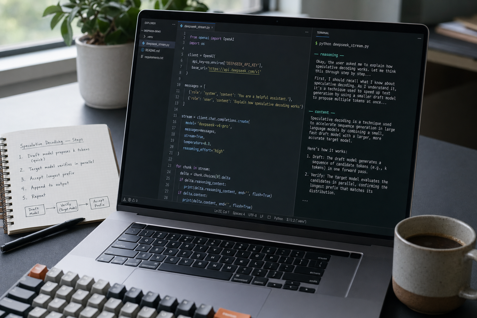 DeepSeek API examples — thinking-mode call Editor and terminal showing a DeepSeek V4-Pro API call with reasoning_effort high producing a thinking-mode response.