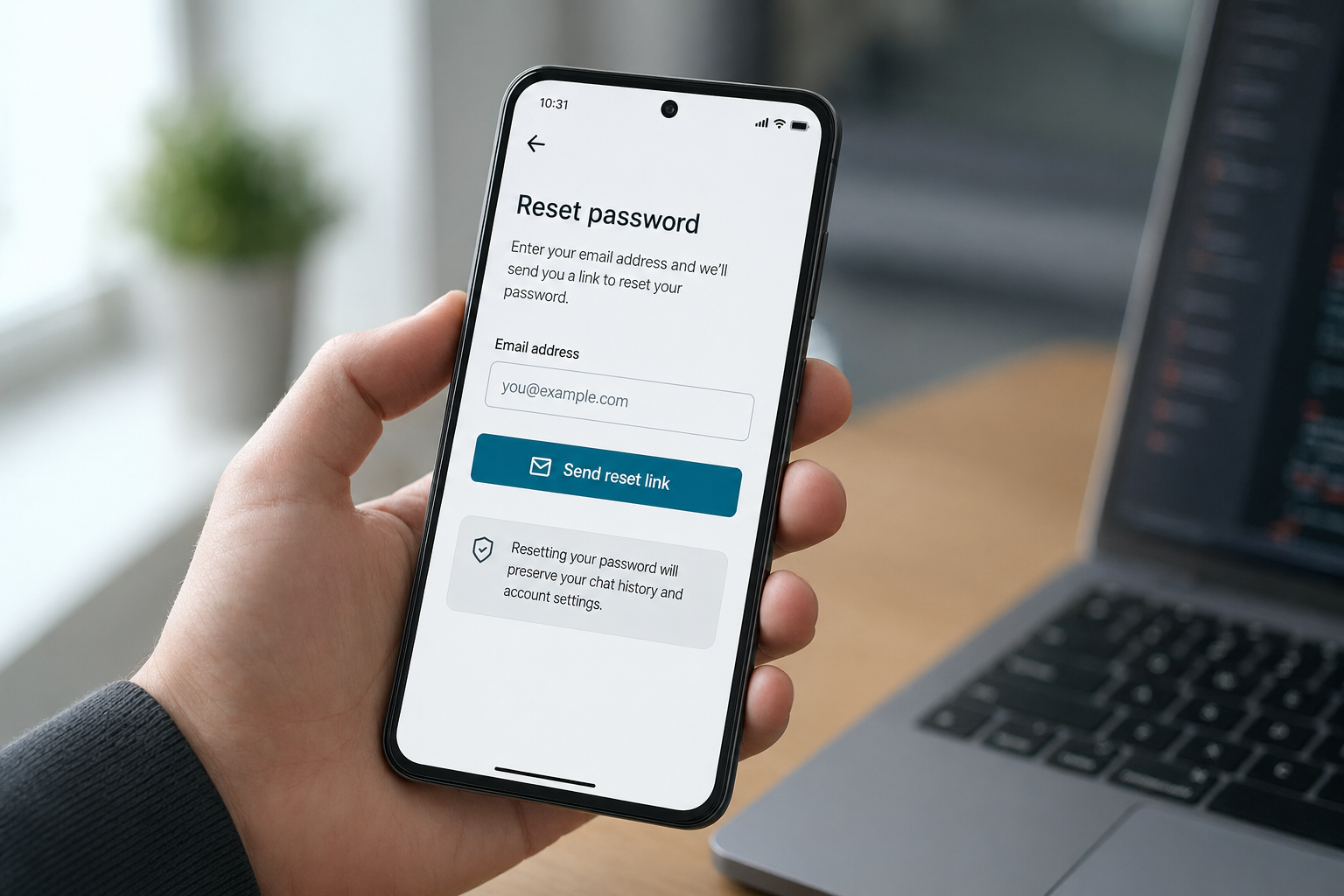 DeepSeek reset password — phone Smartphone showing the DeepSeek reset-password form with a note about preserving chat history