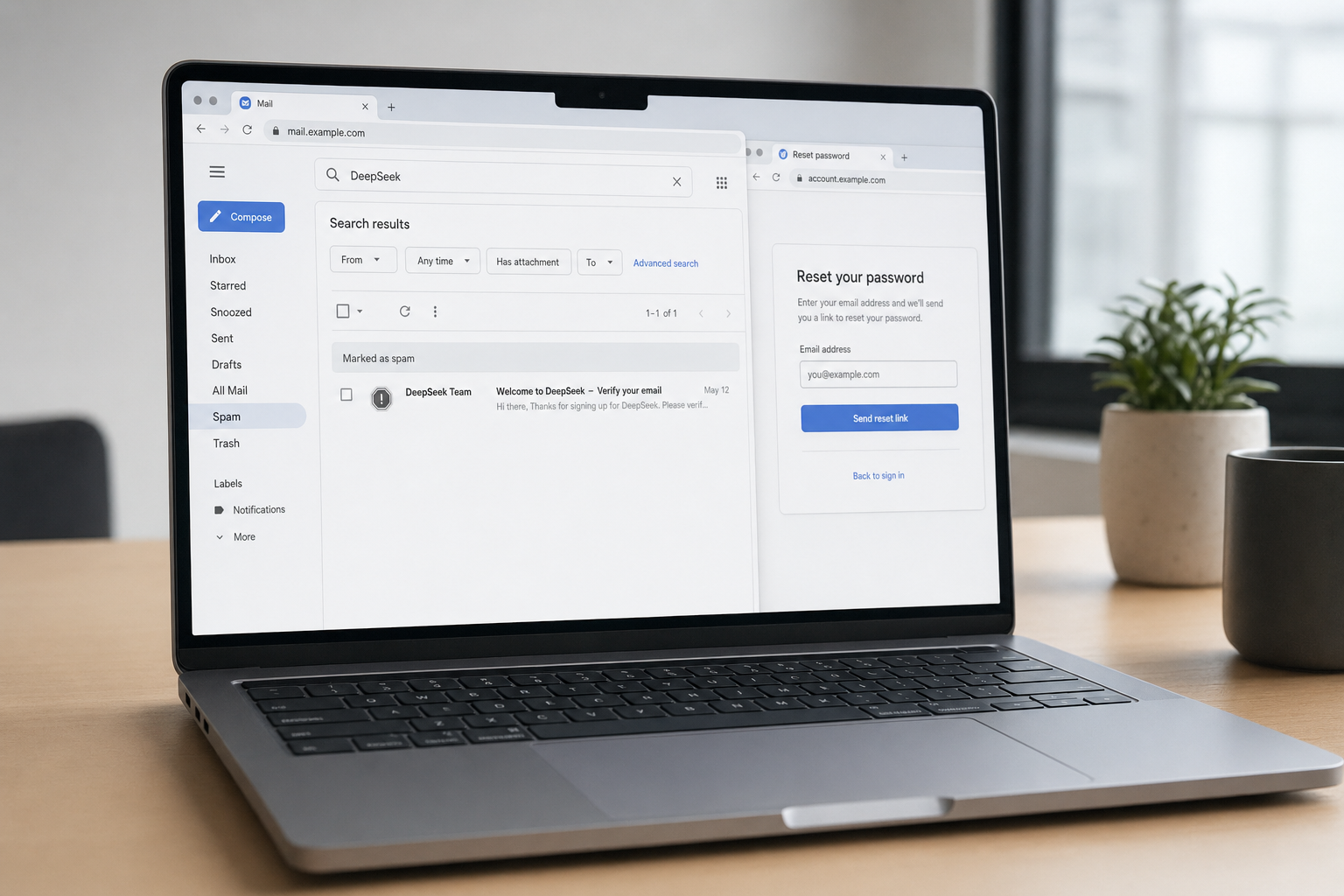 DeepSeek reset password — finding the email Laptop showing the spam folder with a DeepSeek password-reset email recovered after it failed to arrive