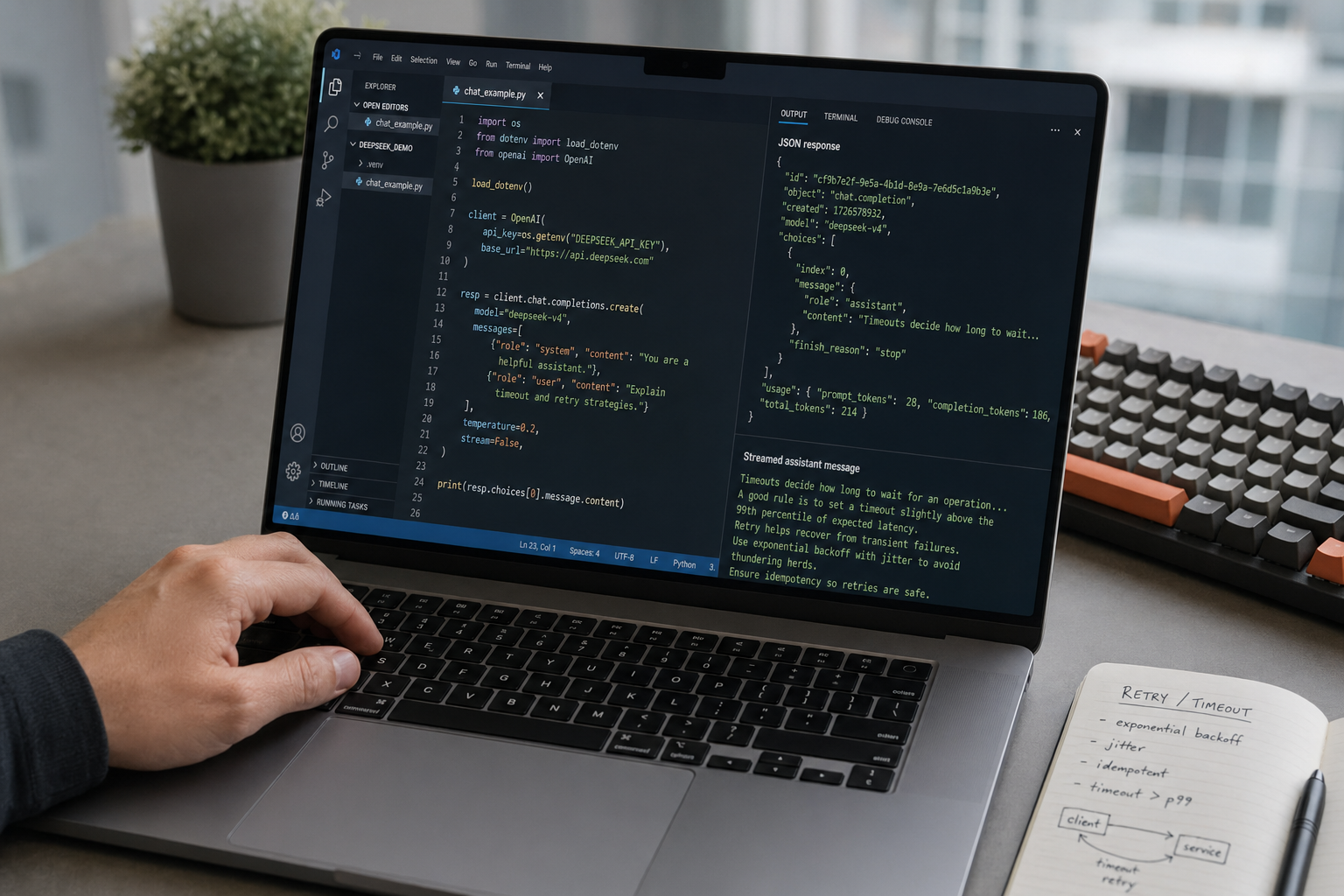 Modern code editor showing a Python script calling the DeepSeek V4 API with response output.