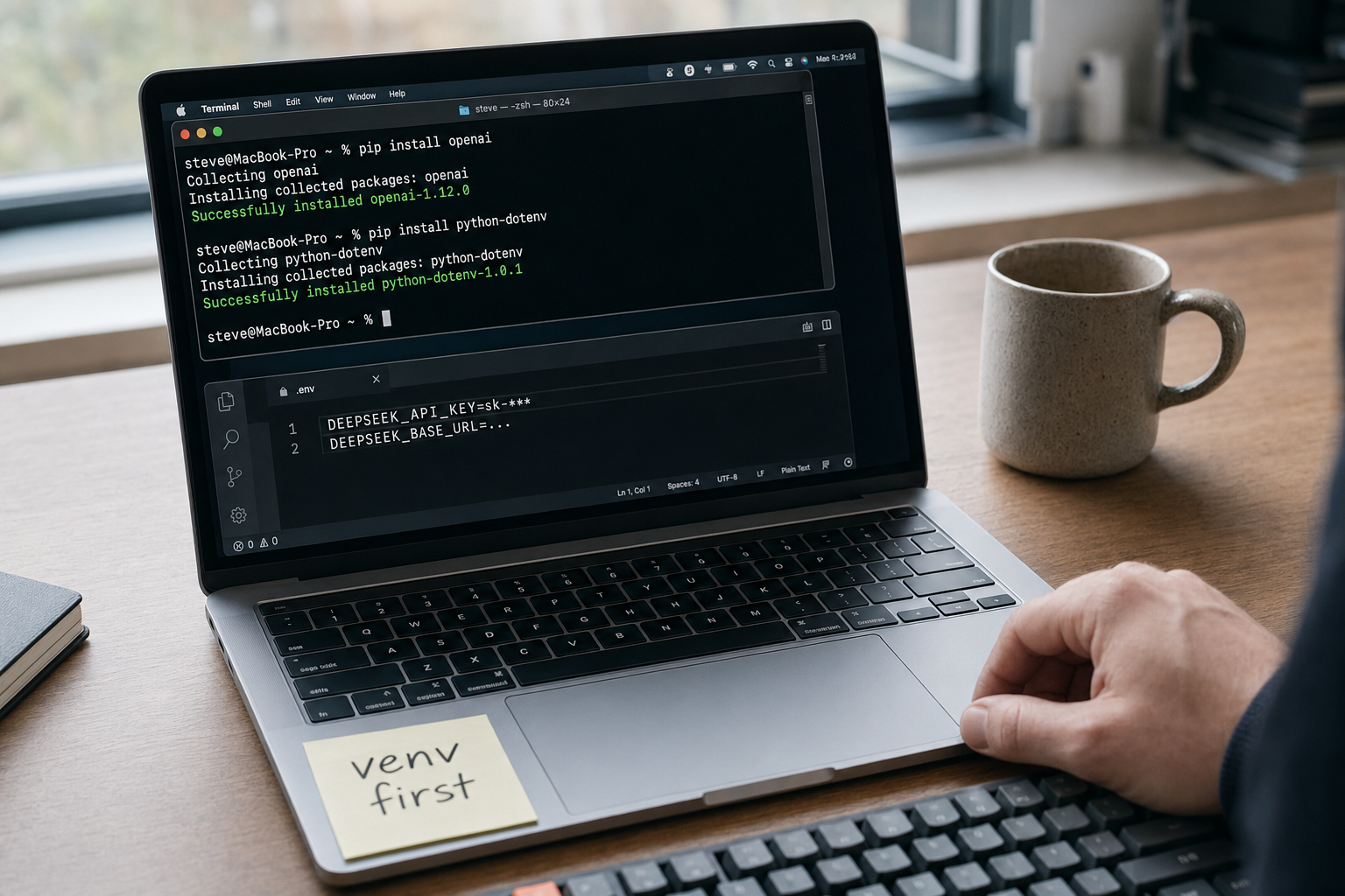 Laptop terminal installing the OpenAI SDK with a .env file open beside it for DeepSeek Python integration setup.