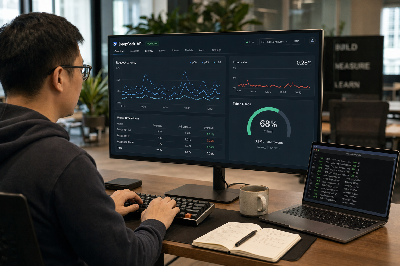 DeepSeek API best practices — monitoring dashboard Developer watching a DeepSeek API monitoring dashboard with latency, error rate, and token usage panels
