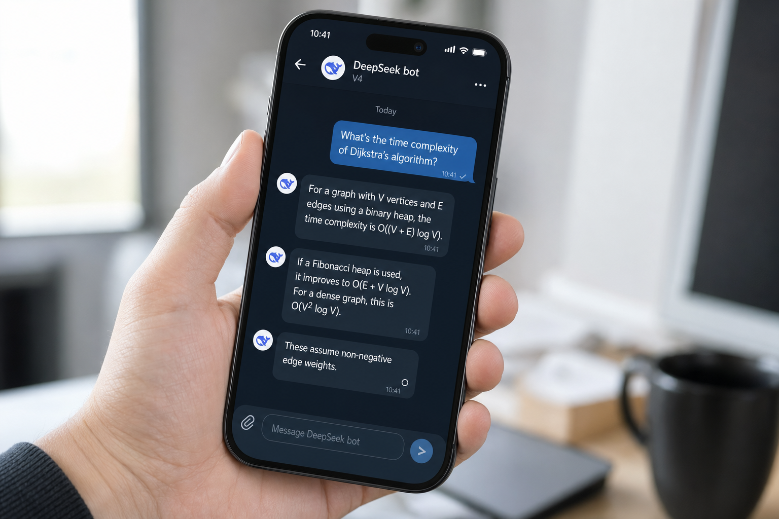 Smartphone showing a 电报-style chat with a DeepSeek V4 bot streaming a reply to a user question.