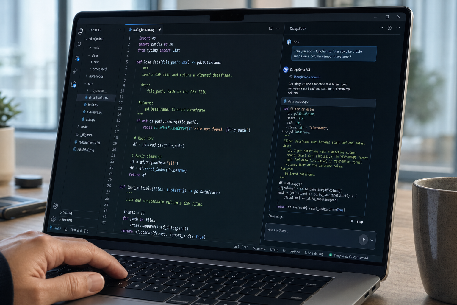DeepSeek with VS Code - extension panel in use Modern code editor with a DeepSeek V4 assistant panel open beside an active Python file.