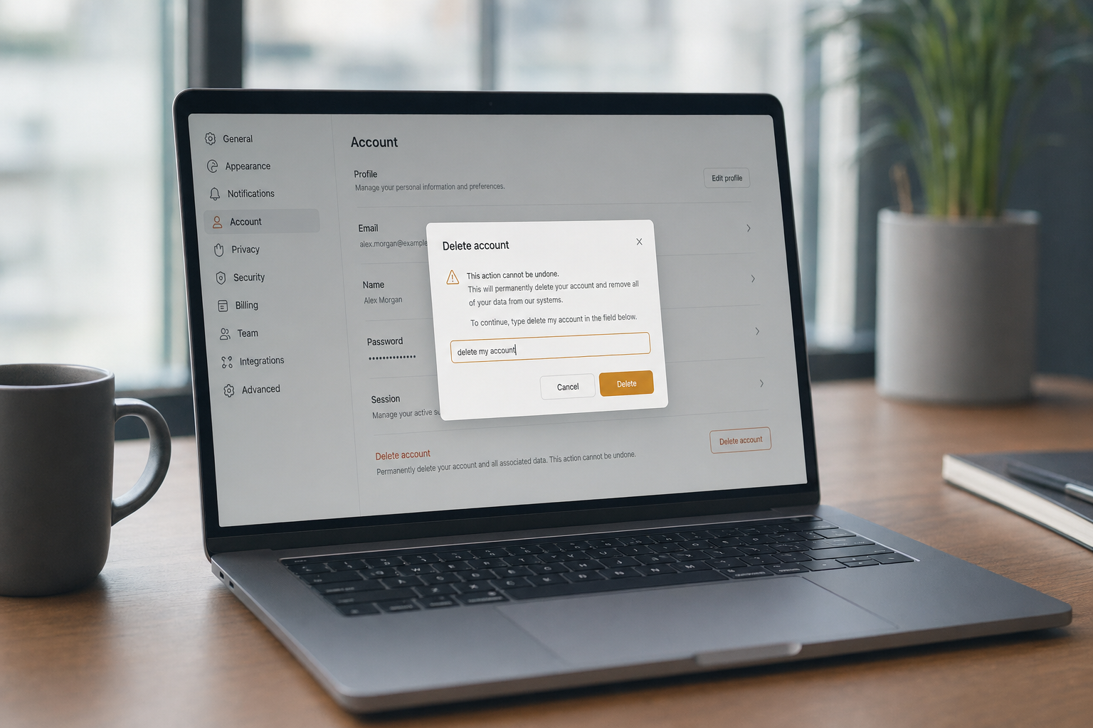 Laptop showing a DeepSeek delete-account confirmation dialog with a typed-confirmation field and delete button